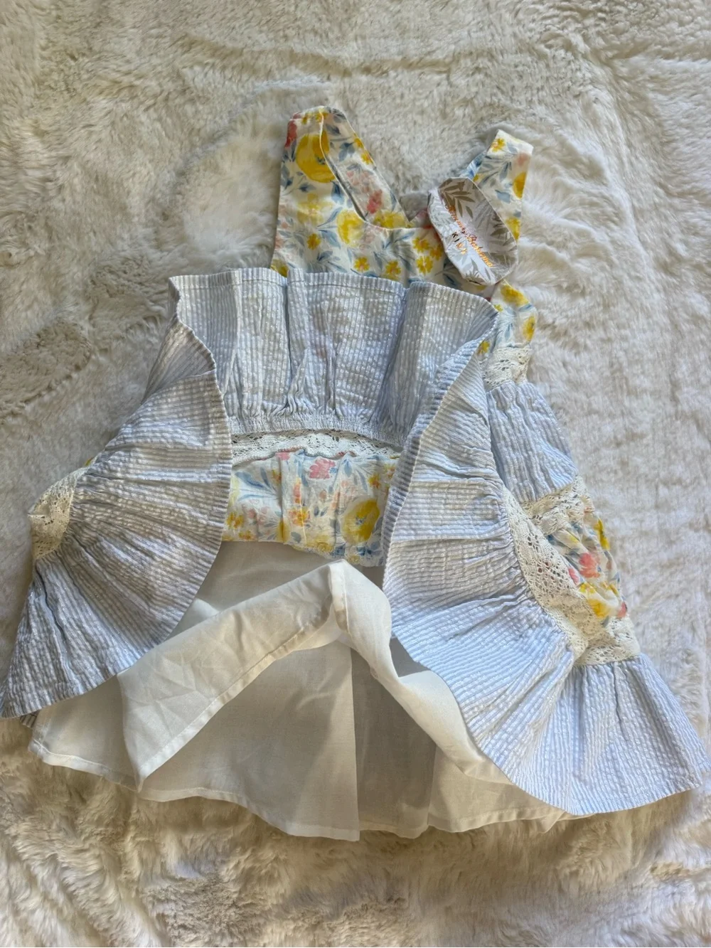 NWT Gommy Bahama Toddler Yellow Floral & Light Blue Seersucker Tiered Lace Dress